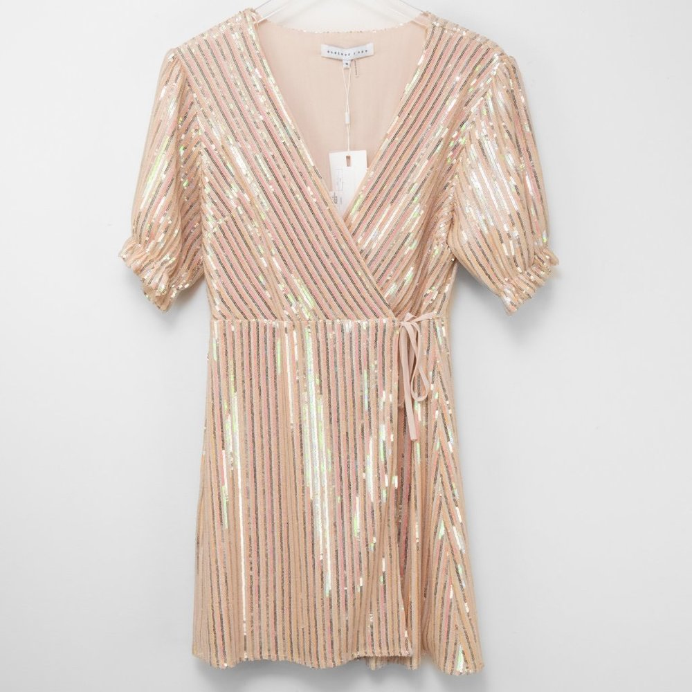 Endless Rose Sequin Mini Wrap Dress Stripe Short Sleeve Gold Pink Medium New